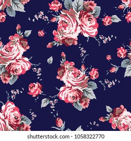 Shabby chic vintage roses seamless pattern, classic chintz floral repeat background for web and print