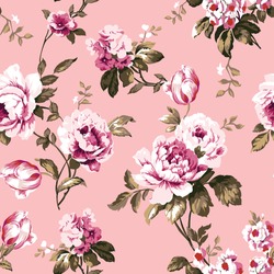 Shabby Chic Vintage Roses, Tulips And Forget-me-nots Vintage Seamless Pattern, Classic Chintz Floral Repeat Background For Web And Print