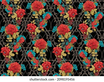 Shabby chic vintage roses, tulips and forget-me-nots vintage seamless pattern, classic chintz floral repeat background for web and print .