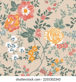 Shabby chic vintage roses, tulips and forget-me-nots vintage seamless pattern, classic chintz floral repeat pattern on beige background. 