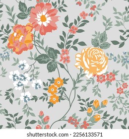 Shabby chic vintage roses, tulips and forget-me-nots vintage seamless pattern, classic chintz floral repeat pattern on grey background. 