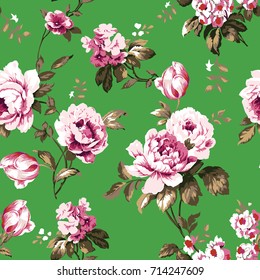 Shabby chic vintage roses, tulips and forget-me-nots vintage seamless pattern, classic chintz floral repeat background for web and print