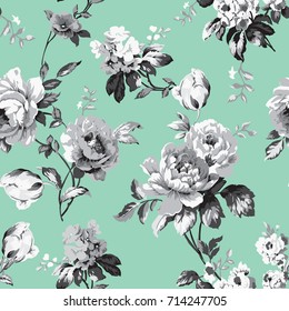 Shabby chic vintage roses, tulips and forget-me-nots vintage seamless pattern, classic chintz floral repeat background for web and print