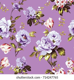 Shabby chic vintage roses, tulips and forget-me-nots vintage seamless pattern, classic chintz floral repeat background for web and print