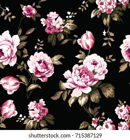 Shabby chic vintage roses, tulips and forget-me-nots vintage seamless pattern, classic chintz floral repeat background for web and print