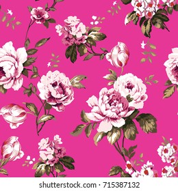 Shabby chic vintage roses, tulips and forget-me-nots vintage seamless pattern, classic chintz floral repeat background for web and print