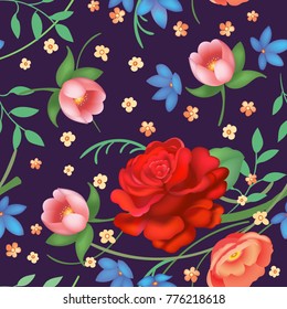 Shabby chic vintage roses, tulips and forget-me-nots vintage seamless pattern, classic chintz floral repeat background for web and print