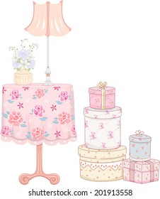 Shabby Chic-Themed Illustration Featuring a Stack of Gifts Standing Beside a Night Stand