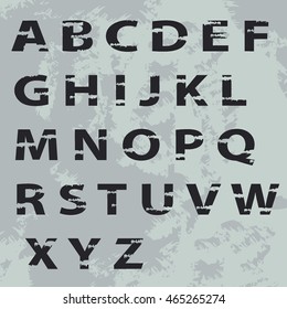 Shabby full alphabet on an old, retro, vintage background. Brutal style letters. Vector illustration