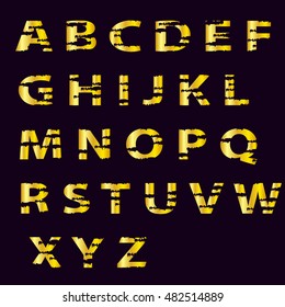 Shabby gold alphabet on old, retro, vintage background. Brutal writing style. Vector illustration