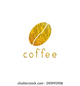Shabby golden colored coffee bean and lettering coffee isolated on white background. Logo template, design element, menu decoration