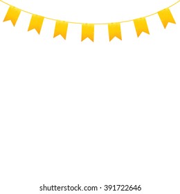Shabby golden colored flags hanging on orange line isolated on white background. Logo template, design element
