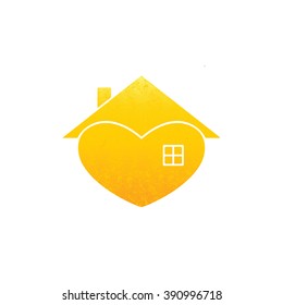 Shabby golden colored house with in the shape of heart with roof and chimney on it and big window isolated on white background. New house concept. House logo template