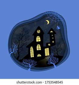 shabby house with burning light in the windows. Spider web, spider and dry trees. Concept for halloween. Vector illustration in paper style. All Saints' eve.