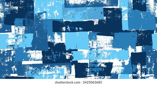 Shabby jeans seamless pattern. Patchwork. Blue blocks, brush strokes, squares. Old, grunge endless design.