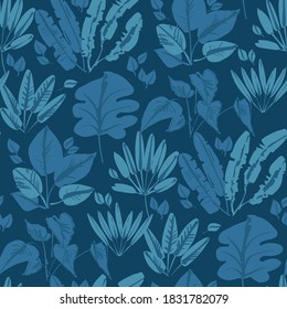 Shabby loose deep blue tropical foliage seamless pattern for background, fabric, textile, wrap, surface, web and print design. Exotic nature leaves textile in arineblue color. 
