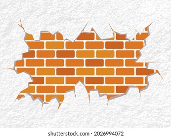 A shabby old concrete wallpaper and brick cracks. Red orangeroken brick wall. Crashed, broken wall of bricks texture background vector illustration