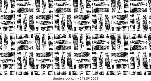 Shabby pattern.Black textured square blocks seamless pattern.Geometric abstract monochrome blocks print.Black pattern of square shapes with shabby effect.Vector ink texture pattern in black and white.