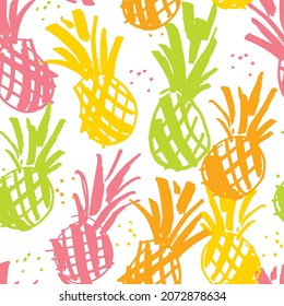 Shabby pineapple seamless pattern for party background, fabric, textile, wrap, surface, web and print design. Fun decorative ananas rapport. vivid hand drawn bright 80s vibes wrapping paper. 