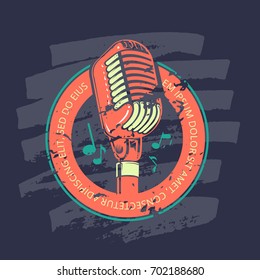 Shabby Retro Karaoke Music Club, Bar, Audio Record Studio Vector Logo, Badge With Microphone On Marker Texture. Illustration Template Banner