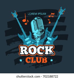 Shabby retro rock music club vector logo with guitar. Rock club banner, vector illustration