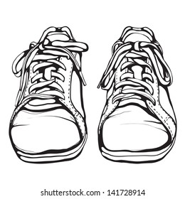 Shabby Running Shoes in Black Ink. Sports footwear vector illustration. EPS8.