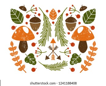 Shabby rustic vector forest elements. Mushrooms, pines, leafs, berries. Postcard, cart, book illustration.