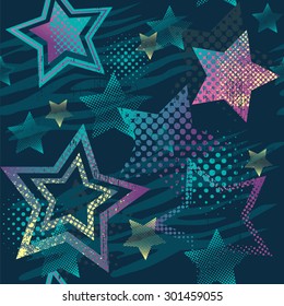 shabby seamless pattern with stars, tiger stripes and dots for girls in delicate colors