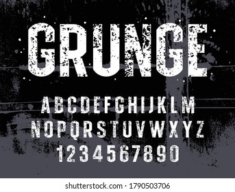 Shabby textured typeface. Vector handmade alphabet. Stamp style uppercase letters and numbers. Grunge textured font. Vectors