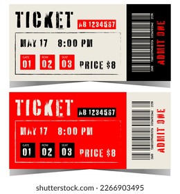 Shabby ticket design template with date, time, price and barcode suitable for theatre, cinema or circus entrance pass. Vector illustration in flat style of access ticket or talon.