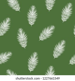 shabby white fir-tree branches on green background. seamless winter pattern with spruce. Christmas forest vector ornament. holiday simple texture for printing on fabric or paper.  