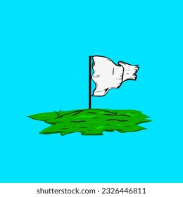 The shabby white flag flutters above the simple green grassy ground, drawn by hand. To complete the perfect design
