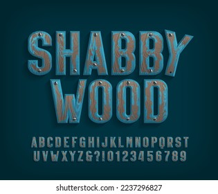 Shabby Wood alphabet font. Painted wooden letters and numbers with screws. Stock vector typescript for your design.