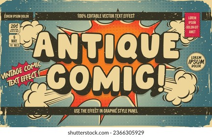 shabby worn vintage retro editable text effect in superhero cartoon comic style with grunge texture and halftone