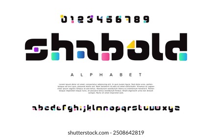 Shabold creative modern geometric urban alphabet font. Digital abstract futuristic, game, techno, robot, music, logo, sport, minimal technology typography. Simple numeric vector illustration