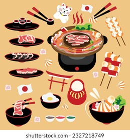 SHABU SHABU ALL YOU CAN EAT GRILL BBQ JAPANESE FOOD VECTOR 3D ILLUSTARI FOR AYCE FOOD BUSINESS, STIKERS SET