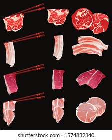 Shabu Shabu, Hot pot, Chopsticks, Yummy, Cubed meat, Fresh meat, Bacon, Pork, Delicious,
Illustration vectorc, Clip art