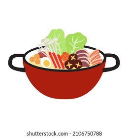 Shabu shabu in heißem Topf in flachem Design auf weißem Hintergrund. Sukiyaki japanische gesunde Gericht Konzept Vektorgrafik.