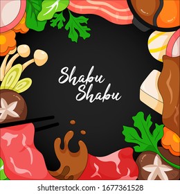 Shabu shabu (hot pot) frame illustration on black background vector.