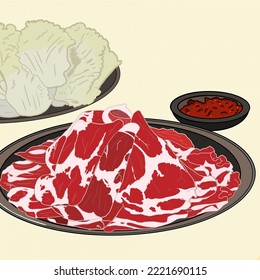 Shabu shabu hot pot Meat, vegetables With spicy sauce set vector. Japanese hotpot raw beef meat set sukiyaki.