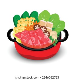 shabu restaurant logo vector illustration.Hot pot with vegetables and meat isolated on white background.