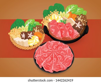 Shabu shabu set (hot pot) illustration on background vector.