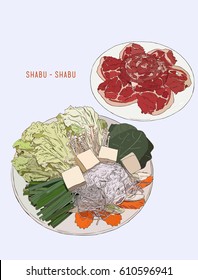 shabu set objects drawing graphic design objects.
pork / vegetables set. happy meal for family dining.