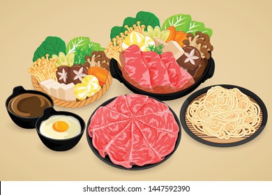 Shabu shabu with vegetables, wagyu beef, kurobuta pork, egg, soup, and udon noodles illustration on background vector.