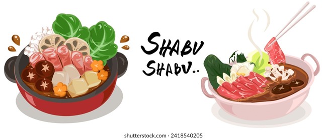 shabu-shabu, olla caliente, dibujos animados vectores de sukiyaki diseño plano aislado 