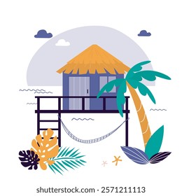 Shack house on beachfront, bungalow country building cottage on ocean shore. A hut by the ocean. Backdrop design with view on summer beach house or tropical bungalow hotel. flat vector illustration