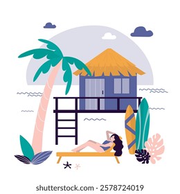 Shack house on beachfront, bungalow country building cottage on ocean shore. Tourist woman lying on deck chair sunbathing. Backdrop design with view on summer beach house or tropical bungalow hotel.