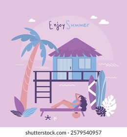 Shack house on beachfront, bungalow country building cottage on ocean shore. Tourist woman lying on deck chair sunbathing. Backdrop design with view on summer beach house or tropical bungalow hotel.