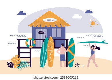 Shack house on beachfront, bungalow country building cottage on ocean shore. Surf school, spot. Happy surfers with surfboards. summer beach house or tropical bungalow hotel. flat vector illustration