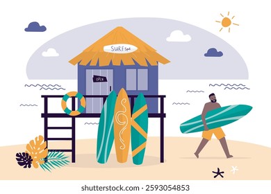 Shack house on beachfront, bungalow country building cottage on ocean shore. Surf spot, school. Happy tanned surfer with surfboard. summer beach house or tropical bungalow hotel. vector illustration